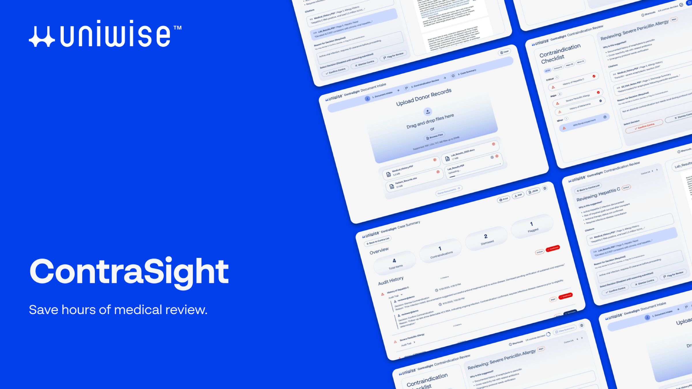 ContraSight product cover: UniWise branding beside a cascade of product screens for document intake, contraindication review, and case summary