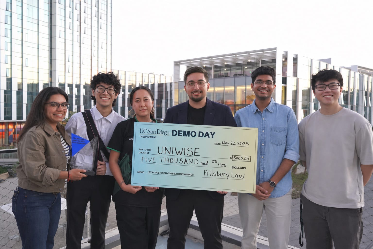 The UniWise team holding the oversized $5,000 first-place check at UCSD Basement Demo Day 2025
